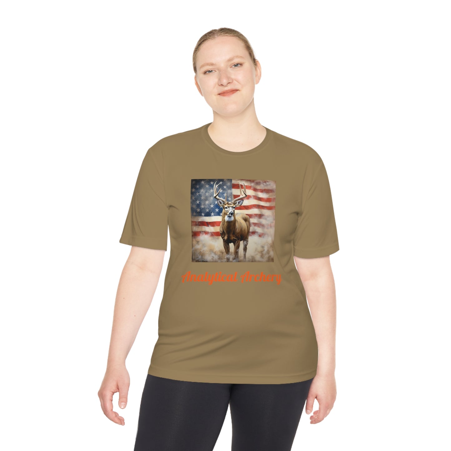 Big Whitetail Buck on American Flag Sport-Tek® Tee