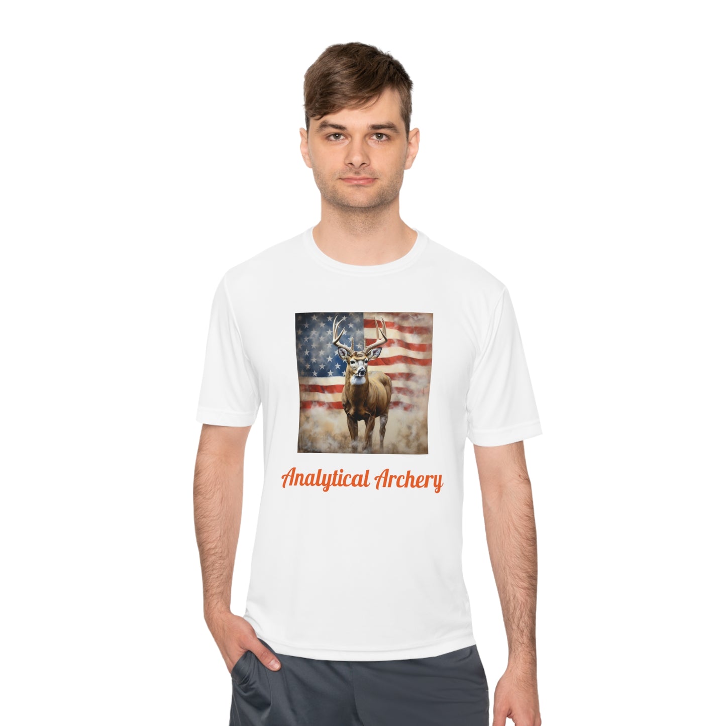 Big Whitetail Buck on American Flag Sport-Tek® Tee