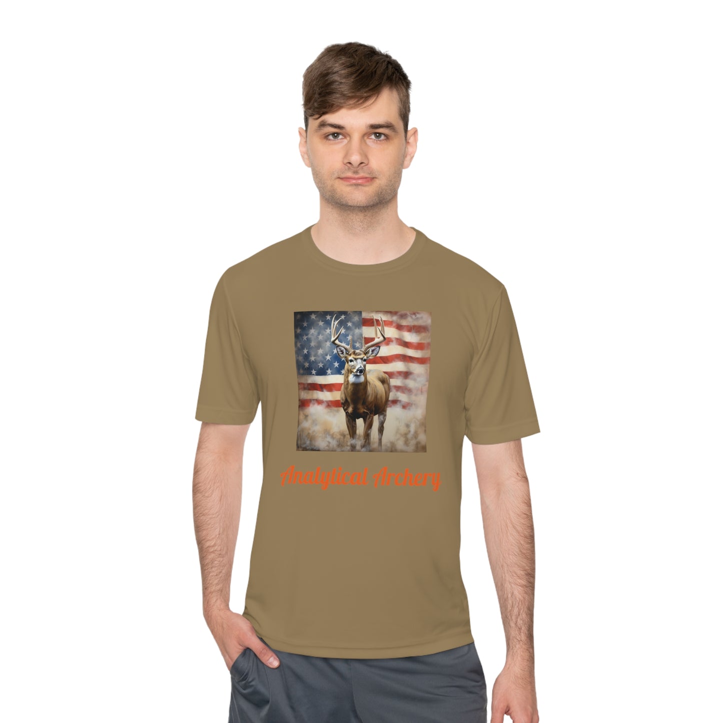 Big Whitetail Buck on American Flag Sport-Tek® Tee