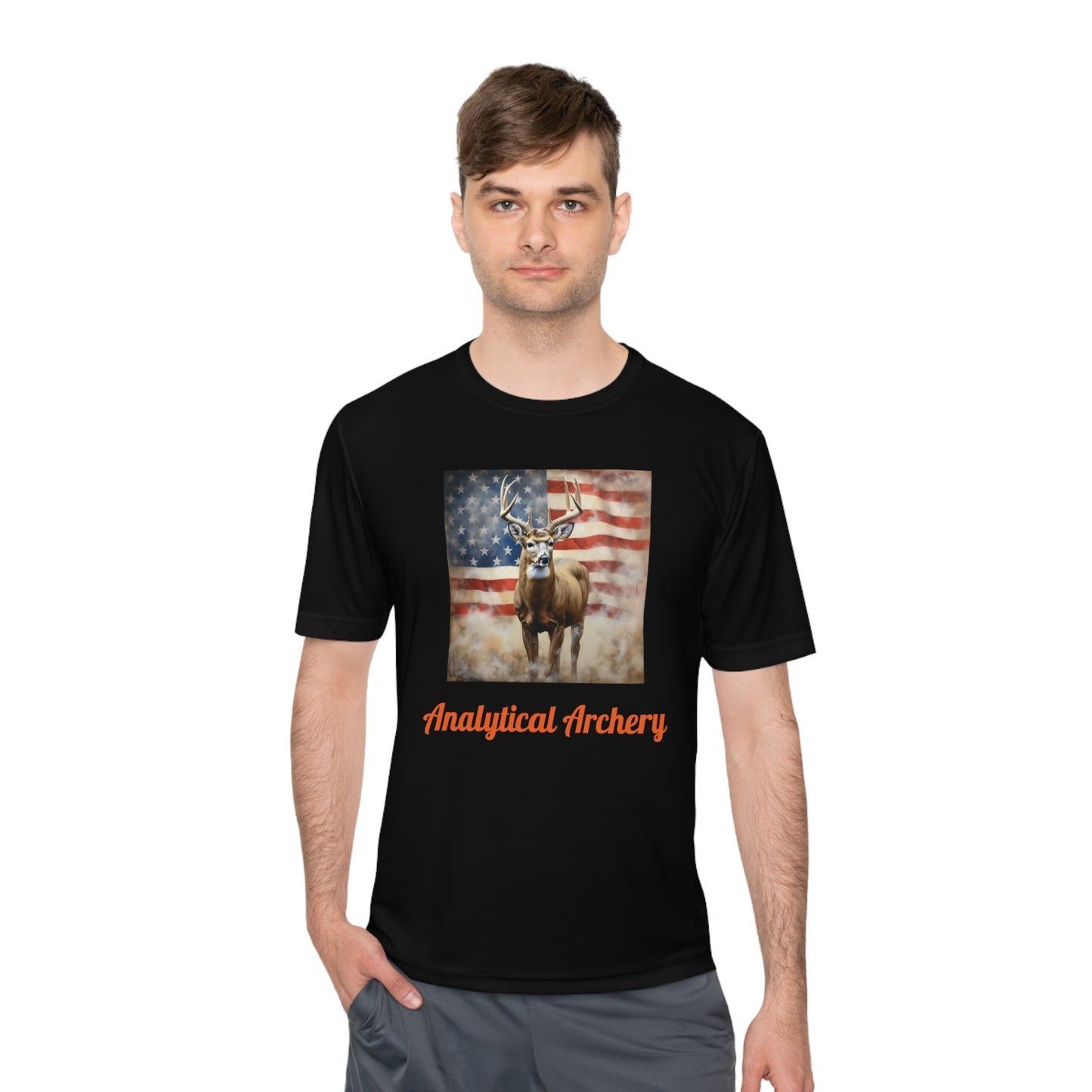 Big Whitetail Buck on American Flag Sport-Tek® Tee