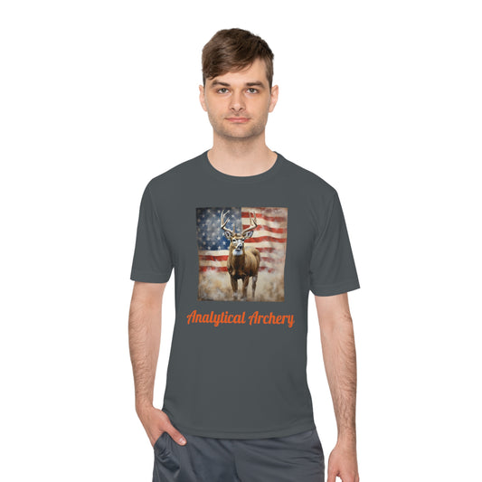 Big Whitetail Buck on American Flag Sport-Tek® Tee