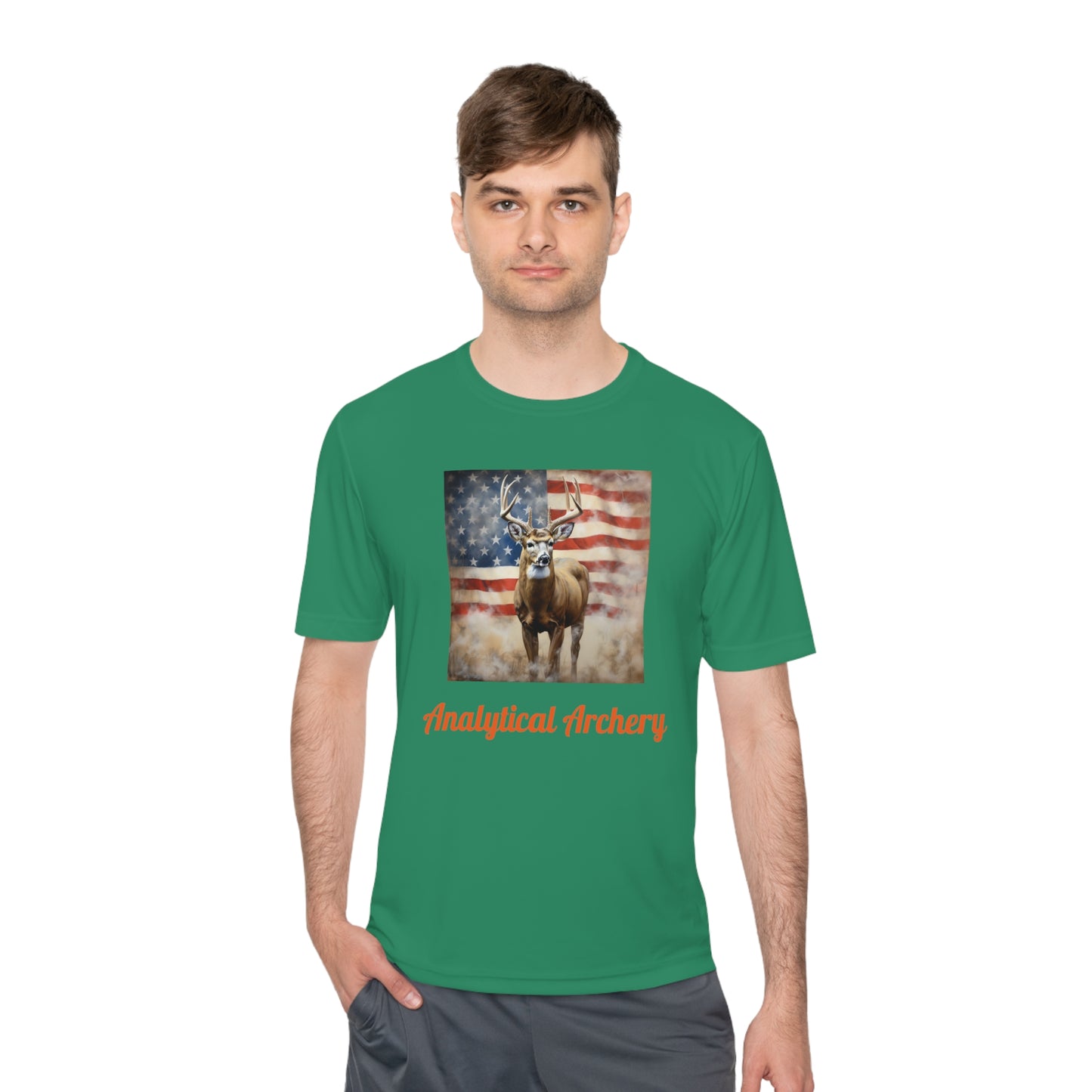 Big Whitetail Buck on American Flag Sport-Tek® Tee