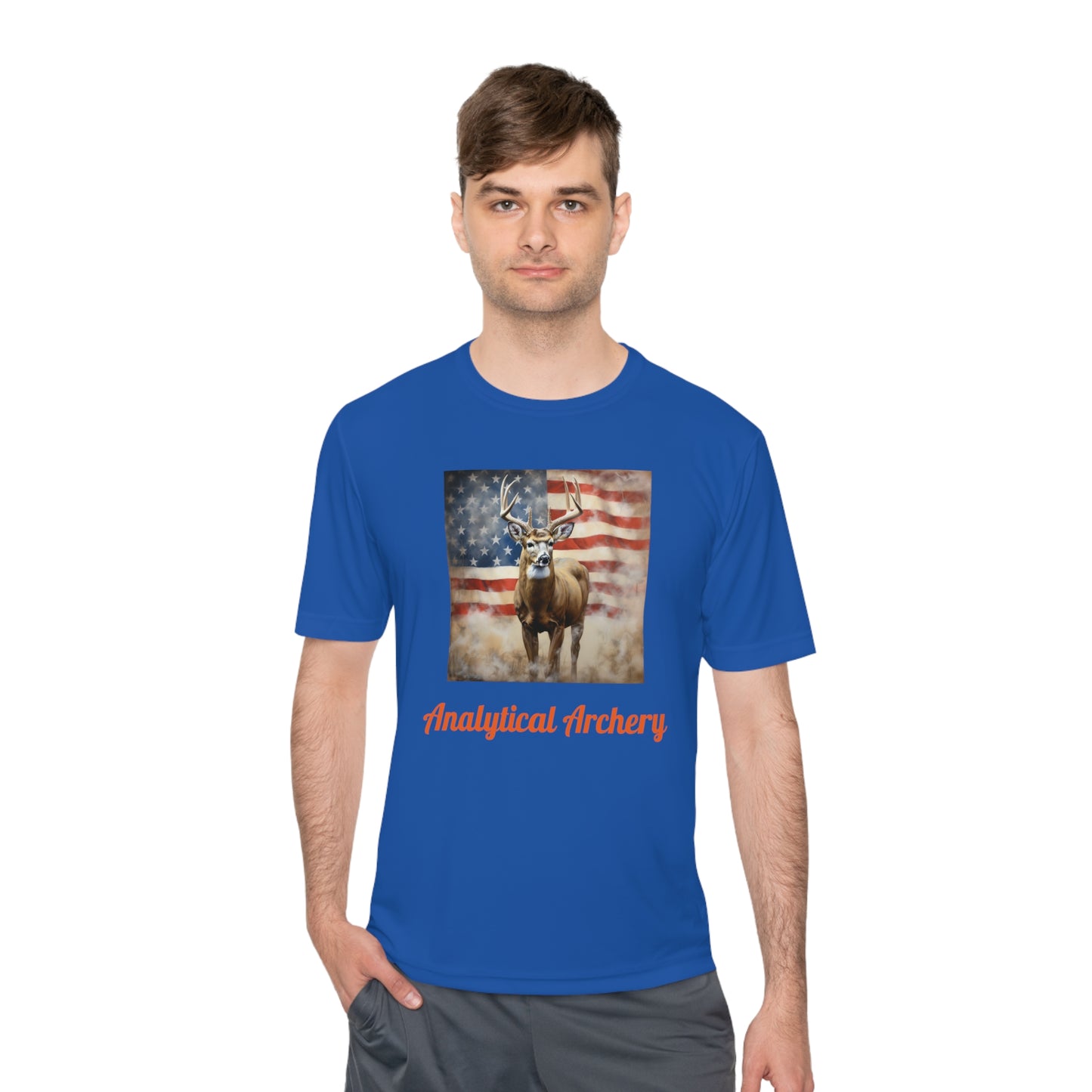 Big Whitetail Buck on American Flag Sport-Tek® Tee